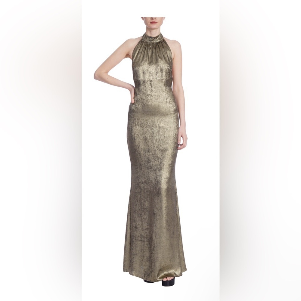 Jewel Badgley Mischka Metallic Halter Column Gown With Crystal Trim Back Size 12